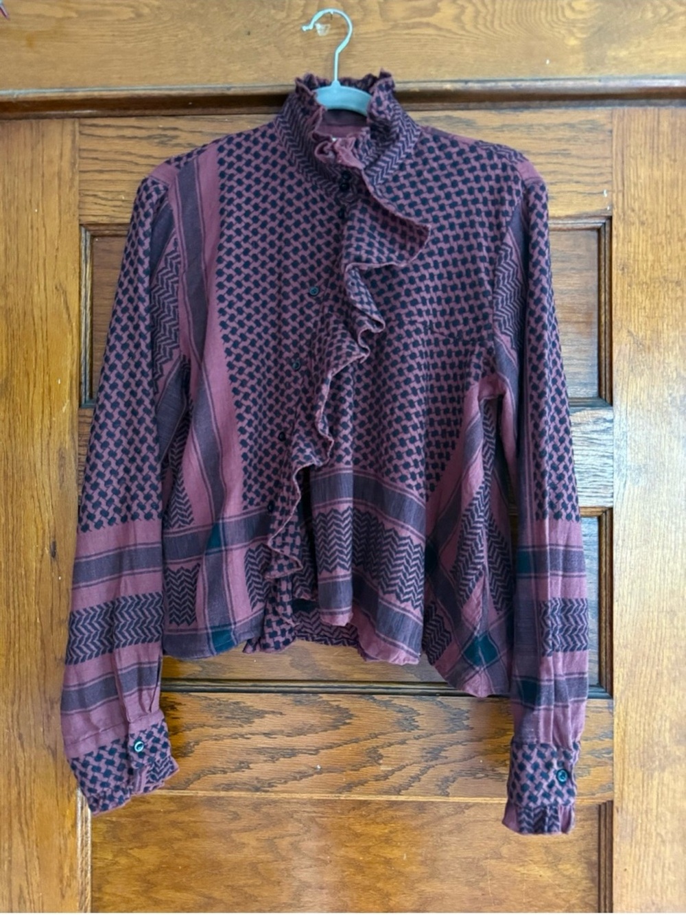 CECILIE COPENHAGEN 100% Cotton Ruffle Button Down Blouse Contrast Patterns M